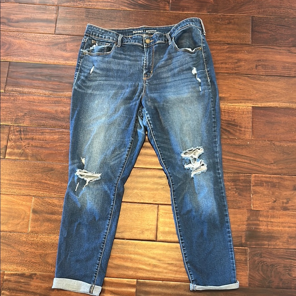 Old Navy Blue Boyfriend Jeans Distressed Relaxed Fit